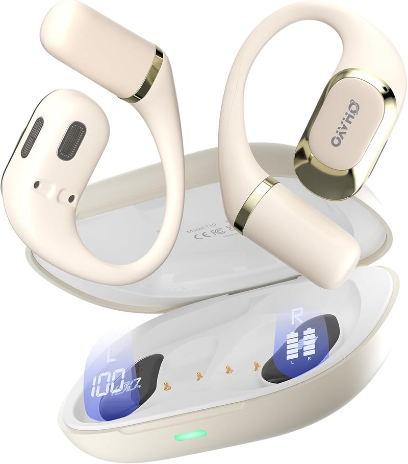 OHAYO Open Ear Headphones,Earbuds with Ergonomic Earhook,Bluetooth Headphones 5.4 with Smart Digital Display,40H Playtime,IPX6 Waterproof,Touch Control Earphones Fit Cycling,Running,Workout(Beige) - Image 1